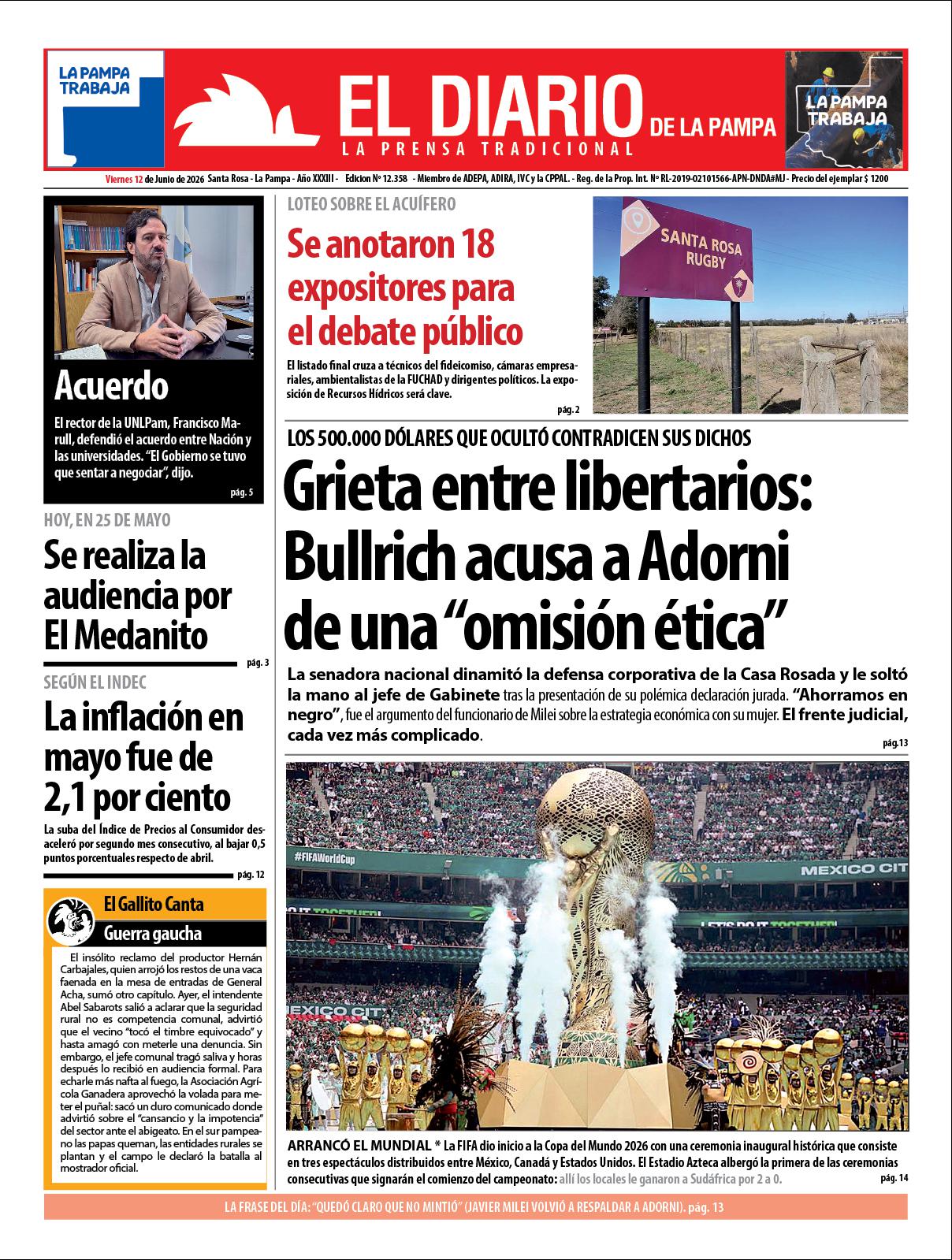 Tapa de El Diario en papel  viernes 12 de junio de 2026